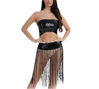 Generisch Costume de danse, costume de performance de danse du ventre, danse jazz sexy, danse tubulaire en acier, jupe de danse à pompons, costume de performance 1, Noir , taille unique