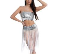 Generisch Costume de danse, costume de performance de danse du ventre, danse jazz sexy, danse tubulaire en acier, jupe de danse à pompons, costume de performance 1, argenté, taille unique