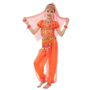 Generisch Costume de danse indien mignon pour fille, spectacle de danse pour enfants, danse du ventre, ensemble en maille à paillettes (orange, 7-8 ans)
