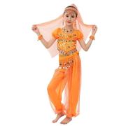 Generisch Costume de danse mignon pour fille - Indienne brillante - Danse du ventre - Ensemble haut pantalon - Chaîne de taille - Voile - Chaîne de tête - 1 paire de bracelets Belly Dance - Élégant