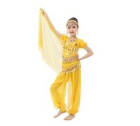 Generisch Costume de danse mignon pour fille - Indienne brillante - Danse du ventre - Ensemble haut pantalon - Chaîne de taille - Voile - Chaîne de tête - 1 paire de bracelets Belly Dance - Élégant