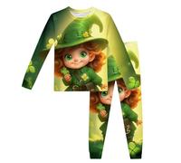 Generisch Costume de la Saint Patrick pour enfants à manches longues pour la Saint Patrick Impression de dessin animé Vêtements d'intérieur Haut pantalon Costume Vêtements décontractés, vert, 8-9 ans