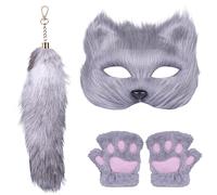 Generisch Costume de loup pour femme adulte, costume de jeu de rôle, accessoires de jeu de rôle, gants décoratifs mignons de pattes, masque queue pour Halloween, cosplay, mascarade