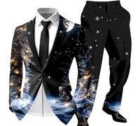 Generisch Costume de Noël pour homme avec imprimé paysage d'hiver, 3 pièces, costume de fête festif avec veste, pantalon et cravate, tenue artistique pour les vacances, Style_y01 Noir, M
