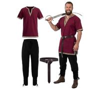 Generisch Costume de pirate pour homme - Vêtements médiévaux - Ensemble de costume de renaissance - Tunique à manches courtes - Pantalon avec accessoires - Viking - Tenue de chevalier romain, rouge