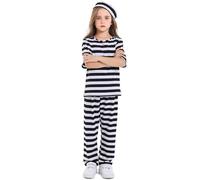 Generisch Costume de prisonnier 3 pièces pour enfants garçons et filles à rayures noires et blanches avec bonnet cosplay, Noir , 9-10 ans