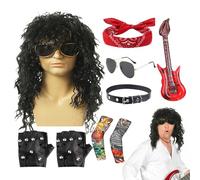 Generisch Costume de rockeur des années 80 - En métal - Style punk - Avec lunettes de - Perruque pour les fêtes en plein air, les vacances à la plage, les festivals de musique, les spectacles