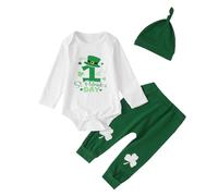 Generisch Costume de Saint Patrick pour enfant Mon premier jour de la Saint-Patrick Bébé Garçon Fille Tenue Luky Clver Imprimé Manches Longues Barboteuse + Pantalon + Bonnet Ensemble Vêtements pour