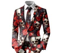 Generisch Costume de Saint-Valentin pour homme Coupe ajustée Costume de loisirs Motif tête de mort Rose Imprimé Tuxedo Costume formel Tenue régulière Festival Tenue 1 bouton Smoking Horreur Party