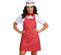 Generisch Costume de serveuse pour femme - 3 pièces - Avec tablier, chapeau, nœud papillon - Rayé rouge et blanc - Style rétro des années 50