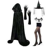 Generisch Costume de sorcière - Ensemble avec gants de sorcière pour femme, cape, chapeau, gants, masque en dentelle, chaussettes pour fête de mariage gothique