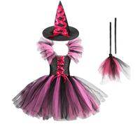 Generisch Costume de sorcière pour enfant - Costume de sorcière pour fille - Robe tutu - Robe de sorcière - Robe de fête avec chapeau de sorcière - Costume de sorcière