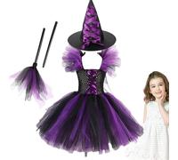 Generisch Costume de sorcière pour fille - Costume d'Halloween pour enfant - Robe de sorcière - Robe tutu - Robe en tulle avec chapeau de sorcière et balai - Costume d'Halloween pour fille