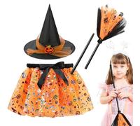 Generisch Costume de sorcière pour fille - Ensemble amusant avec jupe, chapeau et balai - Pour de 2 à 8 ans - Pour l'école, scène, maison effrayante