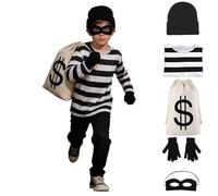 Generisch Costume de voleur de banque pour fille - 6 pièces - Avec haut, bonnet, chaussettes, sac à main, masque pour les yeux et gants, costume de carnaval pour jeu de rôle et cadeaux, Garçon., 130