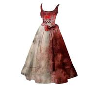 Generisch Costume d'Halloween effrayant pour femme - Robe de mariée zombie sanglante - Robe de mariée gothique sans manches - Imprimé - Robe de cocktail médiévale - Robe de cocktail - Robe de