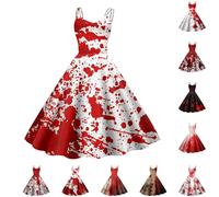 Generisch Costume d'Halloween pour femme - Robe de mariée effrayante et sanglante - Élégante robe de mariée sans manches avec imprimé - Robe de cocktail médiévale - Robe de cocktail - Robe de