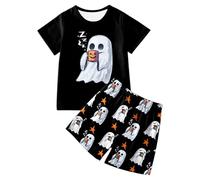 Generisch Costume d'Halloween pour fille, chemise à manches courtes et short, adorable tenue pour tout-petit avec imprimé citrouille, pour tour de rôle ou fête, Noir , 7-8 ans