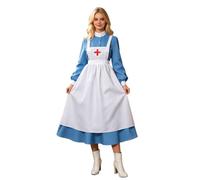 Generisch Costume d'infirmière vintage rétro avec tablier, croix rouge, manches longues, blanc, bleu, pour Halloween, carnaval, fête, A blanc., XXL