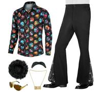 Generisch Costume disco des années 70 et 80 pour homme, 6 pièces, vintage, à manches longues, haut hippie, motif floral, chemise, perruque afro, collier pour boîte de nuit, carnaval, fête Mardi Gras