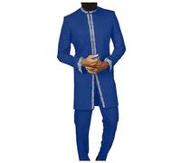 Generisch Costume Homme, Costume Pantalon Brodé Col Rond Manches Longues Couleur Unie Deux Pièces Social Africain National Vêtements Hommes Style National, bleu, L