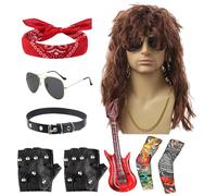 Generisch Costume punk rocker - Vêtements de déguisement disco en métal - Style punk - Avec lunettes de - Perruque pour les fêtes en plein air, les vacances à la plage, les festivals de musique