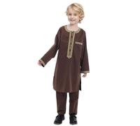 Generisch Costume traditionnel musulman pour garçon avec col rond et manches longues pour adolescents Robe brodée comme robe nationale arabe (Coffee, 11-12 ans)