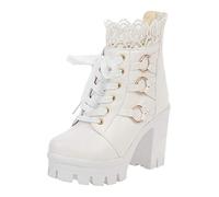 Generisch Couleur Chaussures de fête à talons hauts Bottes pures pour femme Lacets Mode Hiver Bottines pour femme Colle en caoutchouc imperméable, Blanc., 35 EU
