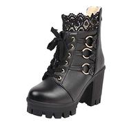 Generisch Couleur Chaussures de fête à talons hauts Bottes pures pour femme Lacets Mode Hiver Bottines pour femme Colle en caoutchouc imperméable, Noir , 42 EU