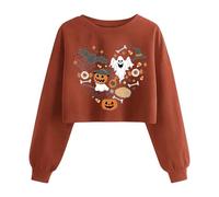 Generisch Crop Tops Sweat-shirt court pour femme - Costume d'Halloween - Pull à col rond - Manches longues - Crainte - Motif citrouille - Haut à manches longues, Marron 1., M