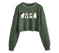 Generisch Crop Tops Sweat-shirt court pour femme - Costume d'Halloween - Pull à col rond - Manches longues - Crainte - Motif citrouille - Haut à manches longues, Vert 3., XXL