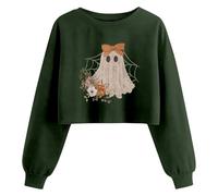 Generisch Crop Tops Sweat-shirt court pour femme - Costume d'Halloween - Pull à col rond - Manches longues - Crainte - Motif citrouille - Haut à manches longues, noir et vert 4, M