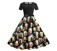 Generisch Damen Sommerkleid, lässig, Rundhalsausschnitt, kurzärmelig, Abnehmbarer Gürtel, Oktoberfest-Print, lässiges Kleid Silvesterkleid Damen (Yellow, M)