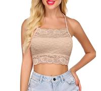 Generisch Débardeur à bretelles spaghetti pour adolescente et fille - En maille florale - Sexy - Sans manches - Y2K, T-shirt N2 beige, S