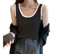 Generisch Débardeur en maille côtelée pour femme avec contraste - Débardeur sans manches avec col en U - Haut basique moulant pour le look superposé, Stil_r01 Noir, M