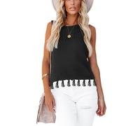 Generisch Débardeur en maille pour femme avec franges ajourées au niveau de l'ourlet, coupe ample, sans manches, haut de vacances d'été, Noir , S