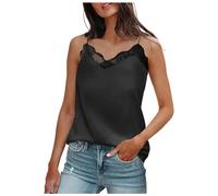 Generisch Débardeur pour femme en dentelle sexy et ample - Spaghetti - Doux et confortable - Couleur unie - Élégant - Col en V - Bretelles - Élégant - Pour l'été, Noir , M