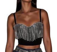 Generisch Débardeur uni sans bretelles pour femme avec franges à paillettes, élégant, Noir , M