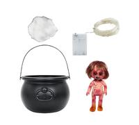 Generisch Décorations d'Halloween - Pot de sorcière noir avec lumières LED colorées, design décoratif réaliste | Décoration pour table, intérieur et extérieur, fête à thème sorcière, maison, bureau