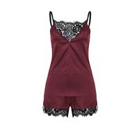 Generisch Déguisements sexy Vêtements de nuit Top Manches sans manches Dentelle Satin Pavillon Sangles Ensembles Femmes, Bordeaux, XL