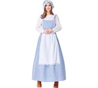 Generisch Dirndl longue pour femme, bleu et blanc, robe de cosplay, style maison de campagne, costume pour Halloween, fête de la bière, chemise médiévale, blanc (bleu, XXL)