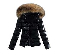 Generisch Doudoune pour femme brillante et courte, col en fourrure, capuche en fourrure, manteau d'hiver chaud, doublé, parka bouffante, grande taille, élégante