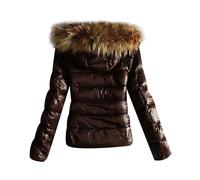 Generisch Doudoune pour femme brillante et courte, col en fourrure, capuche en fourrure, manteau d'hiver chaud, doublé, parka bouffante, grande taille, élégante