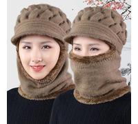 Generisch Écharpe d'hiver en tricot pour femme - Couleur unie - Avec housse de chapeau - Bonnet tricoté intégré (kaki, taille unique)