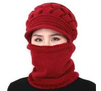 Generisch Écharpe d'hiver en tricot pour femme - Couleur unie - Avec housse de chapeau - Bonnet tricoté intégré (rouge, taille unique)