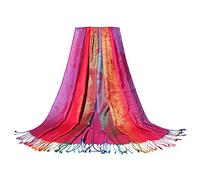 Generisch Écharpe en coton jacquard pour femme - Style ethnique coloré - Écharpe à pompon - Bleu clair, Rouge pastèque, taille unique