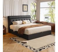 Generisch Élégant lit capitonné 140 x 200 cm, lit hydraulique, plateau de tête de lit dissimulé, plateau de rangement de tiroir, en polyuréthane, avec sommier à lattes et tête de lit, sans matelas