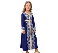 Generisch Élégante robe Abaya brodée à manches longues avec bordure en dentelle pour fille, bleu, 12-13 ans