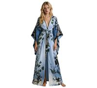 Generisch Élégante robe de matin fleurie avec manches longues comme vêtement doux pour la maison et les loisirs avec poches pratiques, bleu ciel, XL