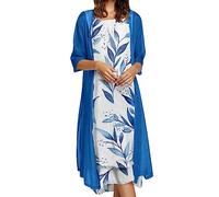 Generisch Élégante robe maxi en mousseline florale pour femme pour les tenues de vacances d'été avec aspect portefeuille sans manches, cardigan assorti comme ensemble élégant de 2 pièces, bleu, 4XL